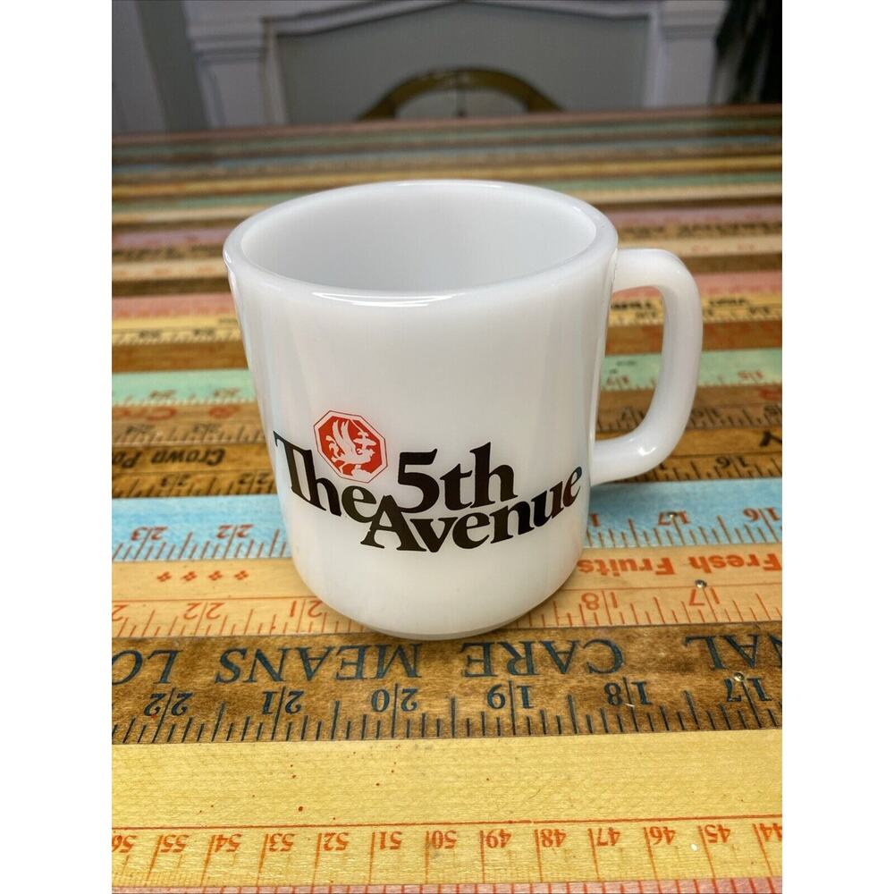 Vintage Glasbake Milk Glass Coffee Mug Cup The 5th Avenue Made In USA